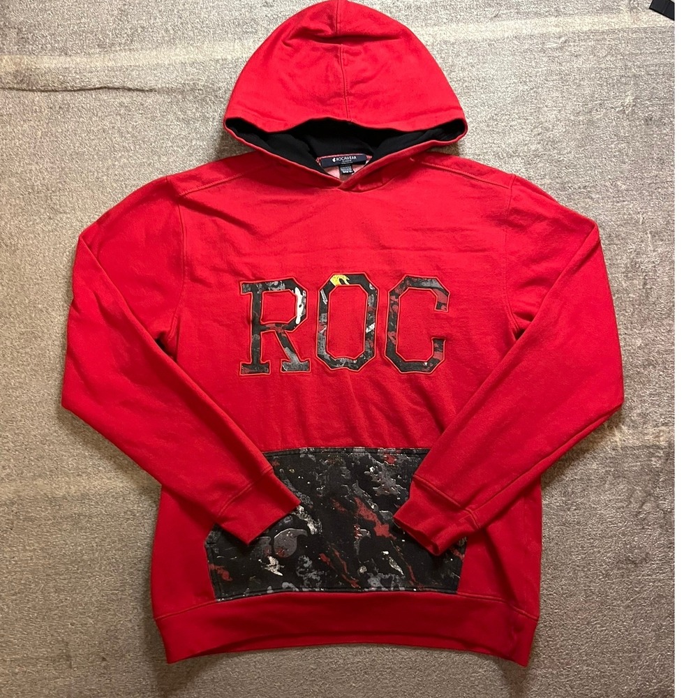 Rocawear Classic Boys Red ROC Paint Splatter Graphic Hoodie Size M 10-12